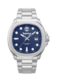 Orologio da polso in acciaio inox silvero con un quadrante blu texturizzato, indicatori delle ore bianchi e display della data. Caratterizzato da una cassa rotonda e un design del logo.