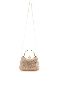 Rosa-goldenes Mesh-Handtäschchen mit einer Kettenriemen, runder Form, metallischem Rahmen und einem dekorativen Verschluss in der oberen Mitte.