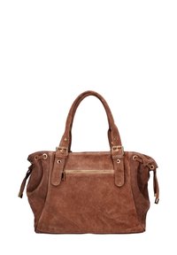 Bruine suède handtas met goudkleurige accenten, dubbele handvatten, zijritsen en een vlak zakje met ritssluiting aan de voorkant. Zachte textuur en ruim ontwerp.