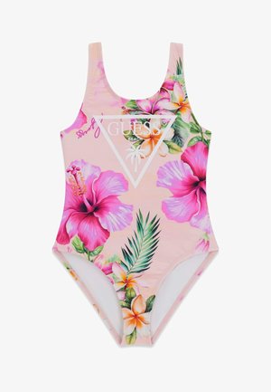Różowy jednoczęściowy strój kąpielowy z tropikalnym kwiatowym nadrukiem i białym logo „Guess Beach” z palmą w trójkącie.
