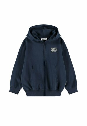 Granatowa bluza z kapturem na zamek, z przednimi kieszeniami, ściągaczami na mankietach i napisem „World United” na górnej lewej stronie klatki piersiowej.