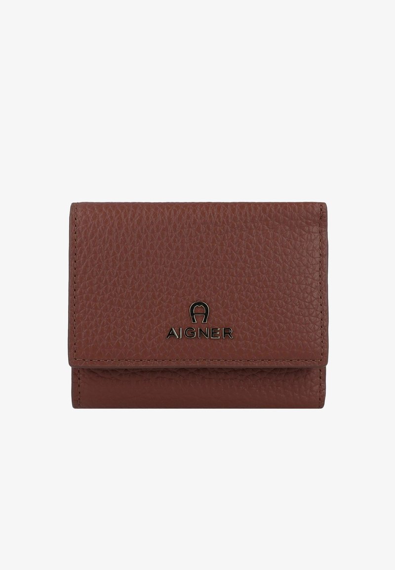 Portefeuille en cuir marron texturé avec un motif triangulaire, présentant un design pliable et un logo "AIGNER" embossé à l'avant.