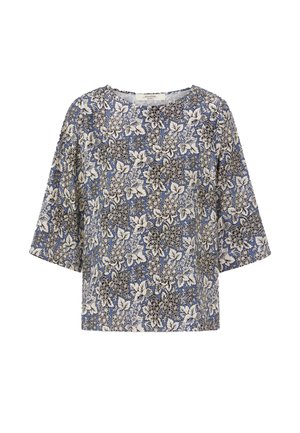Blusa blu con maniche larghe con motivo floreale e foglie bianche e nere, scollo tondo e vestibilità ampia.