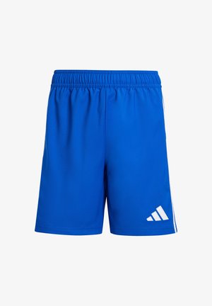 Blaue Sportshorts aus glattem Stoff. Elastischer Bund und weißes Logo hinten rechts. Mit Seitenstreifen entlang der Beine.