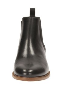 Sorte læder ankelstøvler med en rund tå, glat tekstur, elastiske sidedele og en gummisål. Har en bageste løftestrop.
