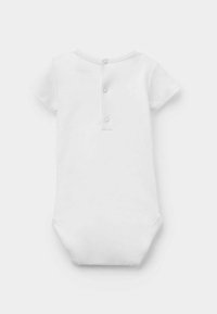 Biała koronkowa bodysuit z krótkim rękawem, wykonana z miękkiej bawełny, z okrągłym dekoltem i trzema napami z tyłu, które ułatwiają ubieranie.
