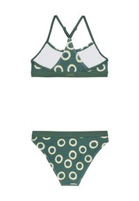 Set di bikini verde con bralette a fantasia dotato di spalline regolabili e mutandine coordinate. Il design include accenti bianchi circolari su entrambi i pezzi.