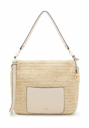 Bolso de hombro tejido en beige con bolsillo frontal de cuero, correa ajustable y adorno de logo y herrajes en tono dorado.