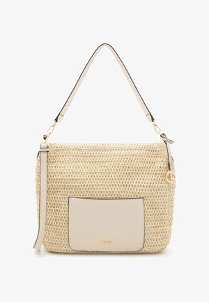 Bolso de hombro tejido en beige con bolsillo frontal de cuero, correa ajustable y adorno de logo y herrajes en tono dorado.