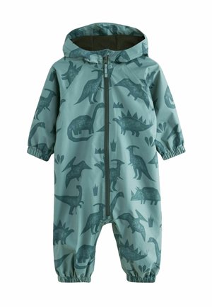 Combinaison vert clair résistante à l'eau, ornée de motifs de dinosaures en vert foncé, dotée d'une fermeture éclair et de poignets et chevilles élastiqués.