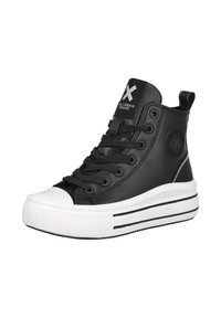 Zapatillas altas negras de cuero texturizado, con puntera y suela de goma blanca. Presenta cordones negros y un logo en la lengüeta.