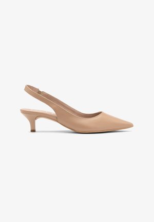 Beige nahkainene slingback kingad terava ninaga, madala kassi kanna ja sujuva tekstuuriga, millel on minimalism ja ei ole nähtavaid äärte kaunistusi.