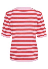 Camiseta de punto de manga corta con rayas horizontales en rojo y rosa, escote redondo y dobladillo recto.