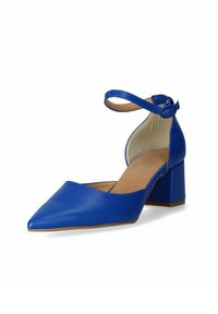 Décolleté in pelle blu con punta affusolata e cinturino alla caviglia. Il tacco spesso aggiunge stabilità. Texture liscia con una leggera lucentezza. L'interno è beige.