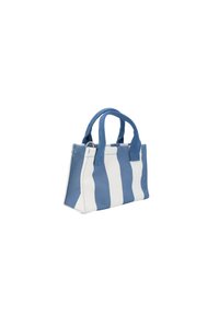 Borsa di tela a spalla con strisce blu e bianche; forma rettangolare, doppio manico e costruzione robusta. Presenta cuciture pulite e un design semplice.