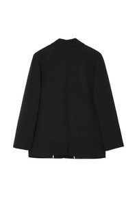 Blazer nero con maniche lunghe, colletto a scollo a V e spacco posteriore; presenta cuciture bianche lungo le maniche, tessuto liscio e taglio sartoriale.