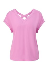 Roze T-shirt met korte mouwen, een V-hals en een kruislings ontwerp op de rug. Gemaakt van lichte stof met een zachte textuur.