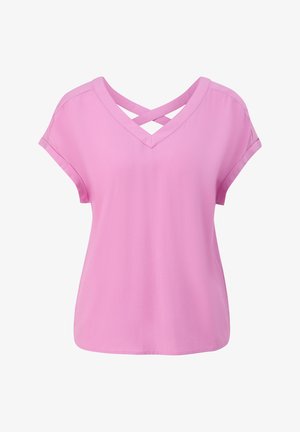 Haut rose à manches courtes avec un col en V et un design entrecroisé à l'arrière. Fabriqué en tissu léger au toucher doux.