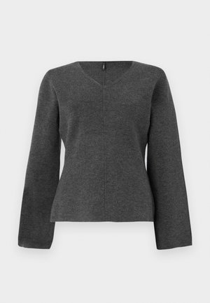 Gray knitted long-sleeve top with a V-neck, featuring a fitted silhouette and seam detailing down the center. Soft texture with no embellishments.