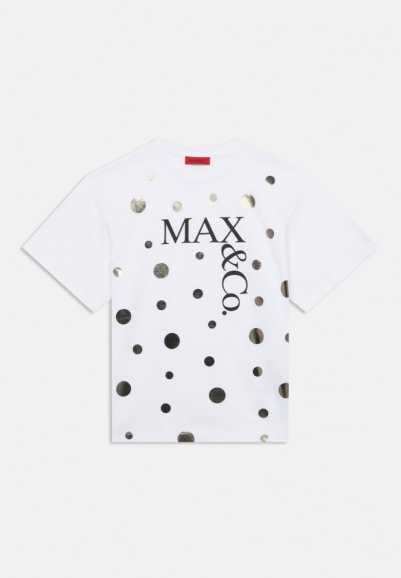 Λευκό T-shirt με κοντά μανίκια, με μαύρο κείμενο "MAX & Co." και διάσπαρτες μεταλλικές ασημί πουά στο μπροστινό μέρος.