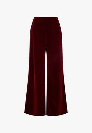 Wide-leg trousers in burgundy velvet fabric, featuring side buttons and a smooth texture. Tailored design with a high waist.