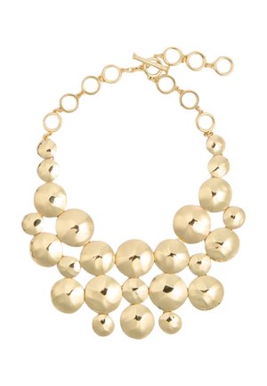 Halskette in Goldton mit mehreren reflektierenden, glatten runden Perlen unterschiedlicher Größen, die durch runde Kettenglieder verbunden sind, und einem Knebelverschluss.