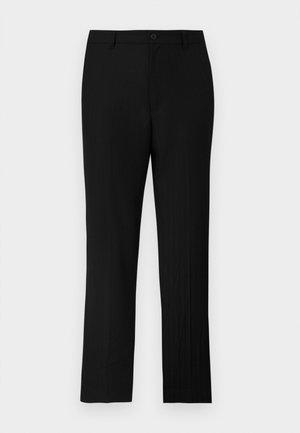 Black tailored trousers with a straight cut, featuring subtle pinstripes and a standard button closure at the waistband.