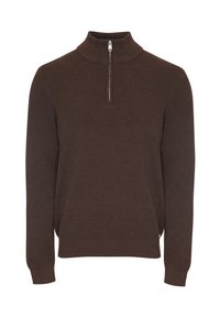 Brązowy sweter z dzianiny z wysokim kołnierzem i zamkiem na pół. Długie rękawy, dopasowane mankiety oraz prosty dół. Miękka tekstura z jednolitym wzorem.