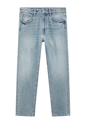Light blue straight-leg denim jeans with a classic five-pocket design and button closure.