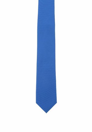 Blue tie with a textured pattern, slim design, and pointed end, made from fabric that appears smooth and wrinkle-free.