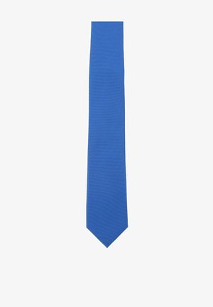 Blue tie with a textured pattern, slim design, and pointed end, made from fabric that appears smooth and wrinkle-free.