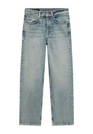 Lyseblå straight-leg denimjeans med forlommer, bæltestropper og knaplukning.