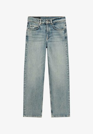 Jeans denim a gamba dritta color azzurro chiaro con tasche frontali, passanti per cintura e chiusura con bottone.