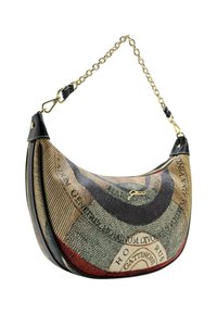 Hobo bag featuring a textured multicolored print, black leather accents, a gold chain strap, and a curved silhouette.