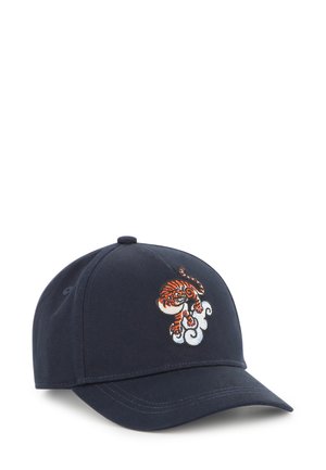 Navy blue baseball cap with a curved brim, featuring an embroidered tiger design in orange and white clouds on the front.