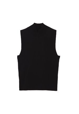 Top negro sin mangas de cuello alto, hecho de tela de punto acanalada, con un corte ajustado y sin herrajes o patrones visibles.
