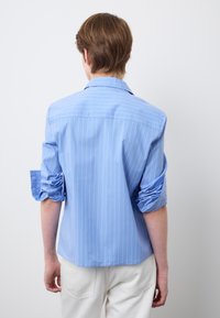 Persona con cabello corto y castaño que lleva una camisa de manga larga azul claro con rayas verticales blancas y pantalones blancos, de pie de espaldas.