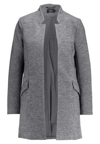 Harmaa pitkähiha takki, jossa on teksturoitu ulkopinta, avoin edusta ja kaksi sivutaskua. Ominaisuuksina hienovarainen kaulus ja suoraviivainen leikkaus.