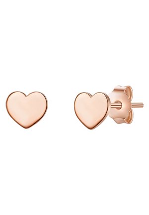 Boucles d'oreilles en forme de cœur en or rose avec une finition lisse. Chaque boucle d'oreille est dotée d'un fermoir sécurisé de design floral.