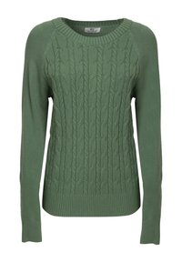 Maglione verde a treccia con scollo rotondo, lunghe maniche raglan, polsini e orlo a coste, caratterizzato da un motivo testurizzato in tutto il capo.