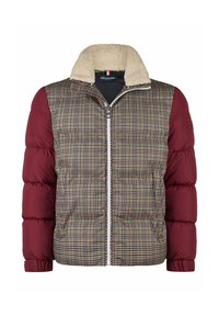 Heren pufferjack met rits, burgundy mouwen, een geruit voorpaneel en een collar van crèmekleurige sherpa.
