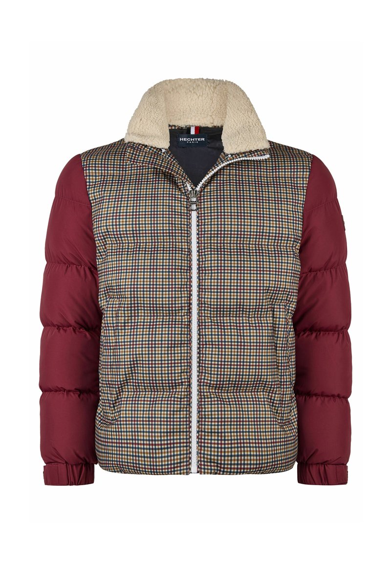 Heren pufferjack met rits, burgundy mouwen, een geruit voorpaneel en een collar van crèmekleurige sherpa.