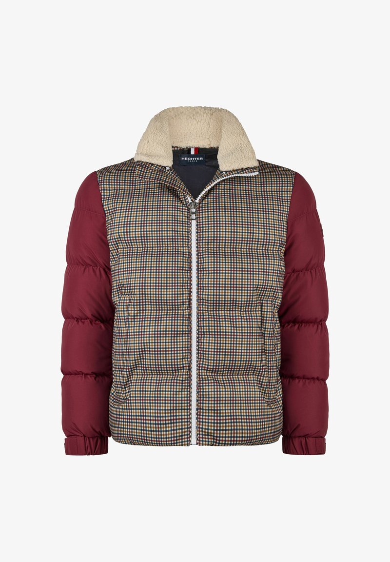 Heren pufferjack met rits, burgundy mouwen, een geruit voorpaneel en een collar van crèmekleurige sherpa.