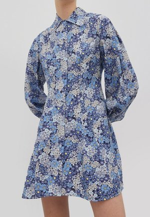Blue and white floral print long-sleeve dress with a fitted waist, pointed collar, and button-down front.