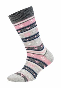 Grau-, rosa- und marineblau gemusterte Socke mit Herzen, Schneeflocken und Streifen, mit geripptem Bündchen, auf einem weißen Hintergrund präsentiert.
