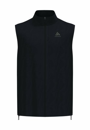 Zwarte mouwloze vest van lichtgewicht materiaal, met een hoge kraag, volledige ritssluiting en een subtiele logo op de borst.