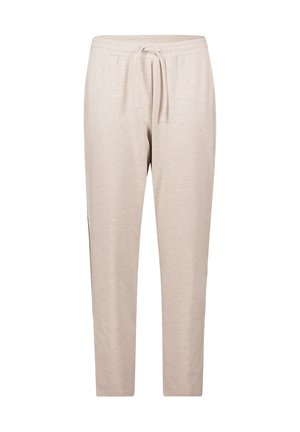 Beige Jogginghosen aus weichem Stoff mit einem Kordelzugbund, schmal zulaufenden Beinen und seitlichen Taschen. Glatte Textur und minimalistisches Design.