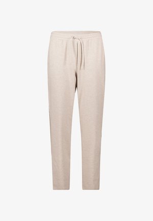 Pantaloni della tuta beige realizzati in tessuto morbido con vita regolabile, gambe affusolate e tasche laterali. Texture liscia e design minimalista.