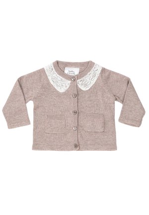 Hellbrauner Cardigan mit langen Ärmeln, Spitzenkragen, zwei Fronttaschen und Knopfverschlüssen. Weiches Strickmaterial mit gerippter Textur.