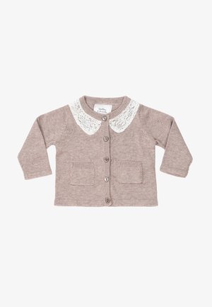 Lichtbruine cardigan met lange mouwen, kantkraag, twee voorzakken en knoopsluitingen. Zacht breimateriaal met geribbelde textuur.